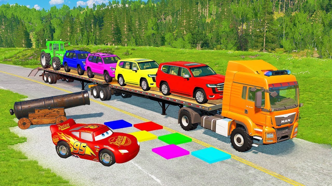 Flatbed Truck Mcqueen | Transportation with Truck - Pothole vs Car #19 - BeamNG.Drive