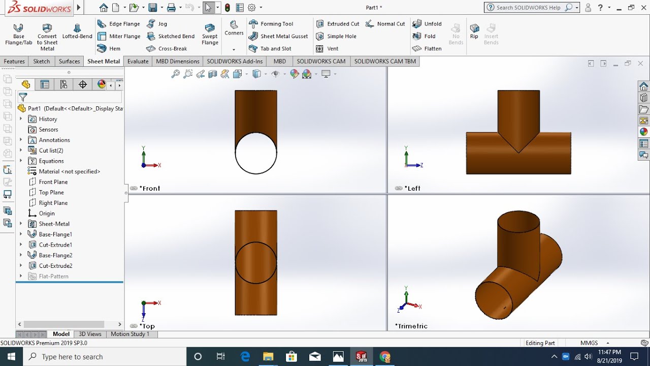 Layout Development of pipe branch 90 degree in solidworks