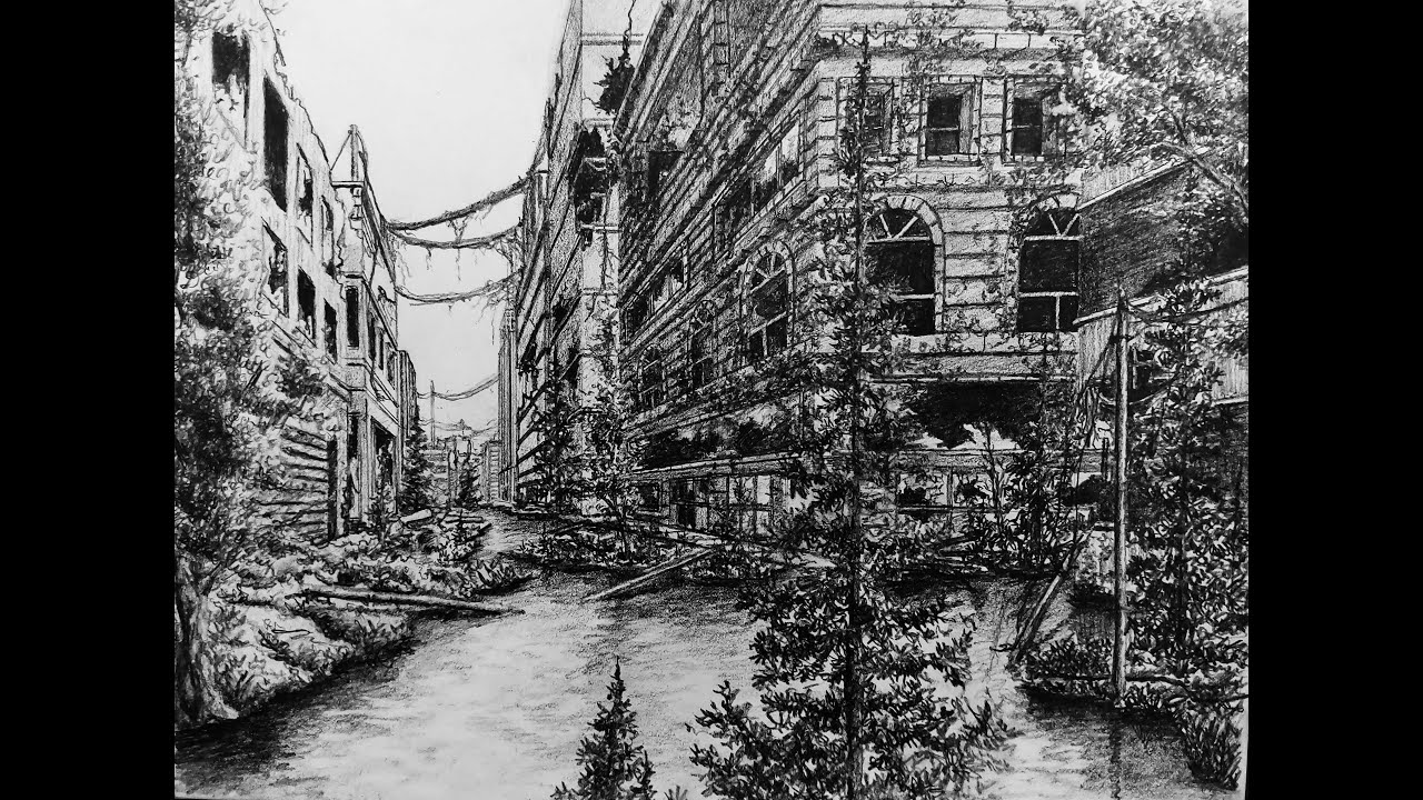 How to draw an Apocalyptic City in 1 point perspective