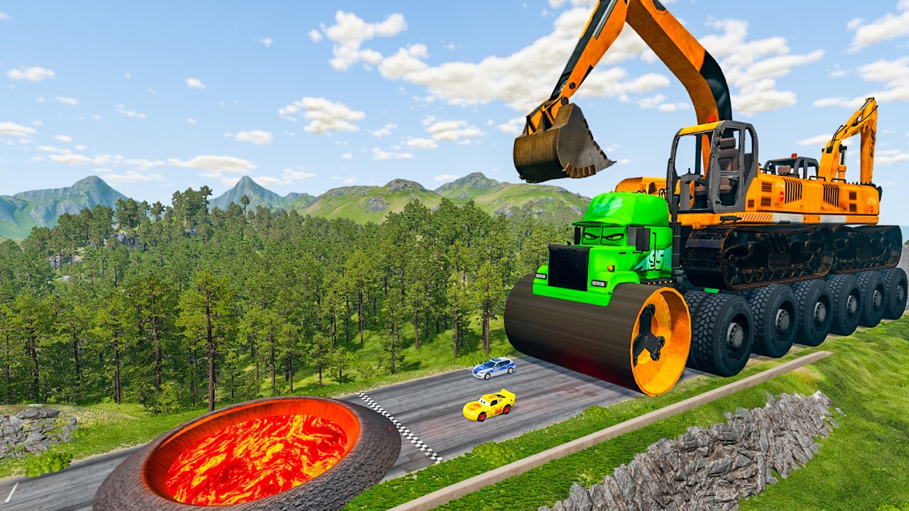 Giant CRUSHER DOZER Mack Truck Eater VS Cars Lightning McQueen & Police Car & Lava Pit| Beamng.Drive