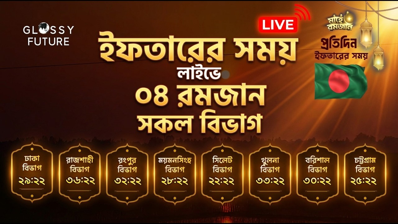 🔴Live আজকের ইফতারের সময় | সকল বিভাগ | ০৪ রমজান || Iftar Time countdown Bangladesh