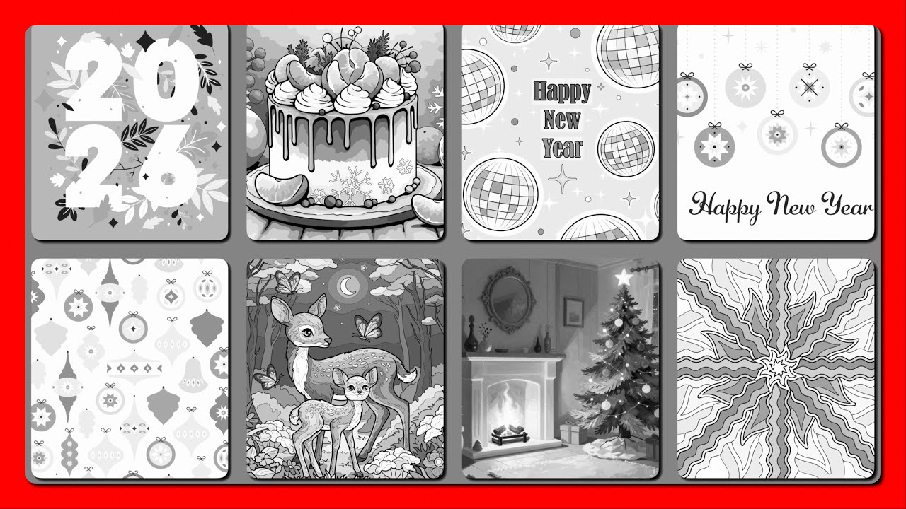 Happy New Year Coloring Pictures Collage 2026 Cozy Scenes Hey Color #relaxmindgames #coloringfun