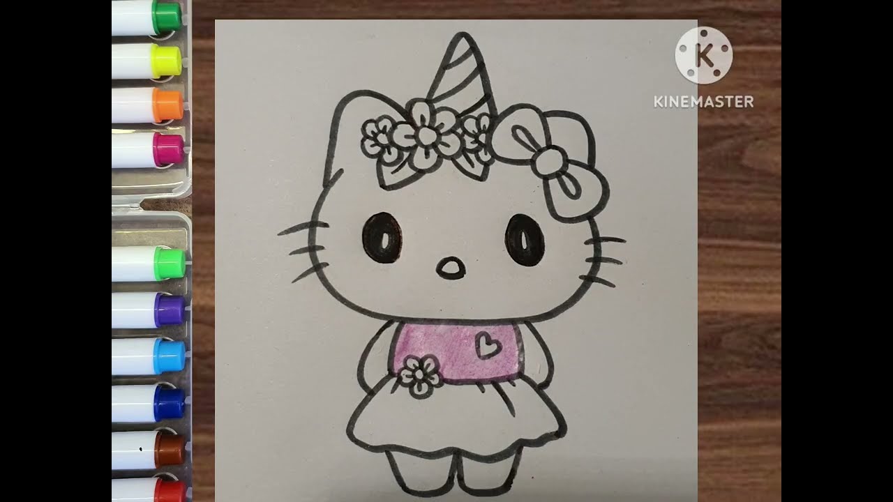 How to draw hello kitty in unicorn versian