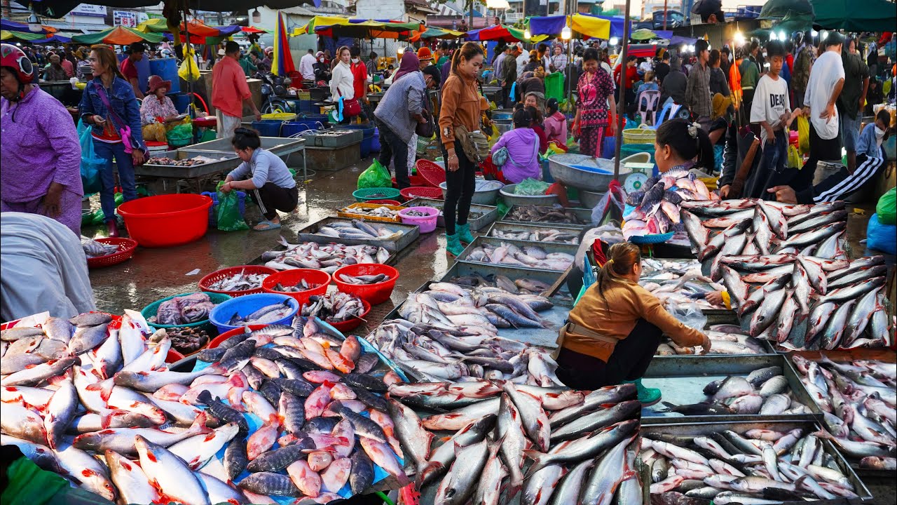 Massive supplies of vegetables, fruits and fish @ Chhbar Ampov dawn market, Khmer food