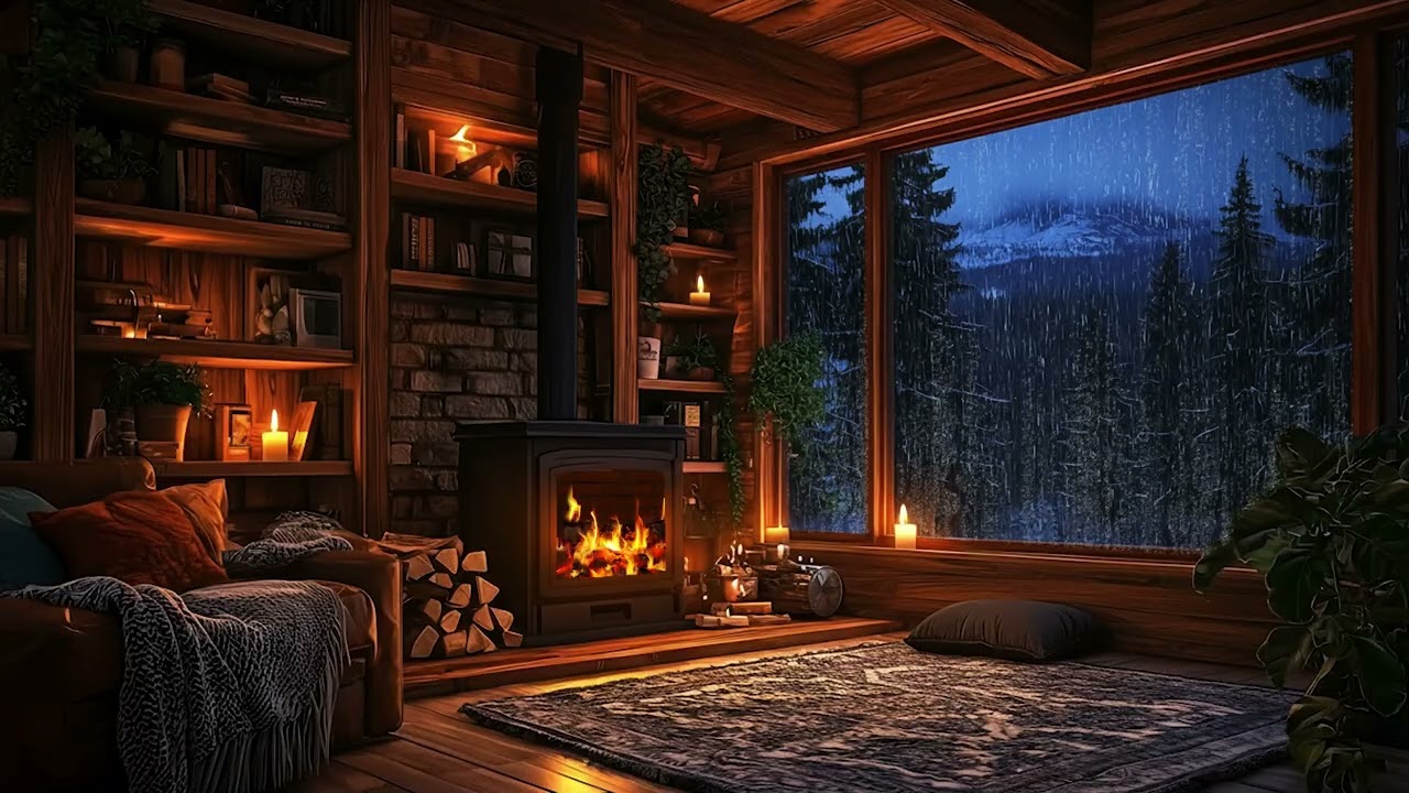 Rain & Thunder Cozy Cabin Fireplace with Sleeping Dog Relaxing Sounds for Deep Sleep Night Ambience