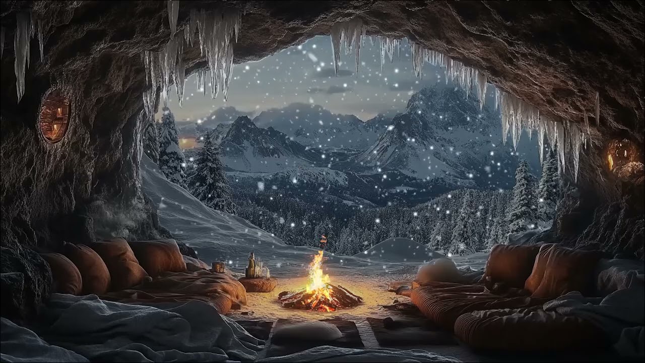 Heavy Snowstorm Wind with Warm Campfire Inside a Cave for Deep Sleep and Relaxation