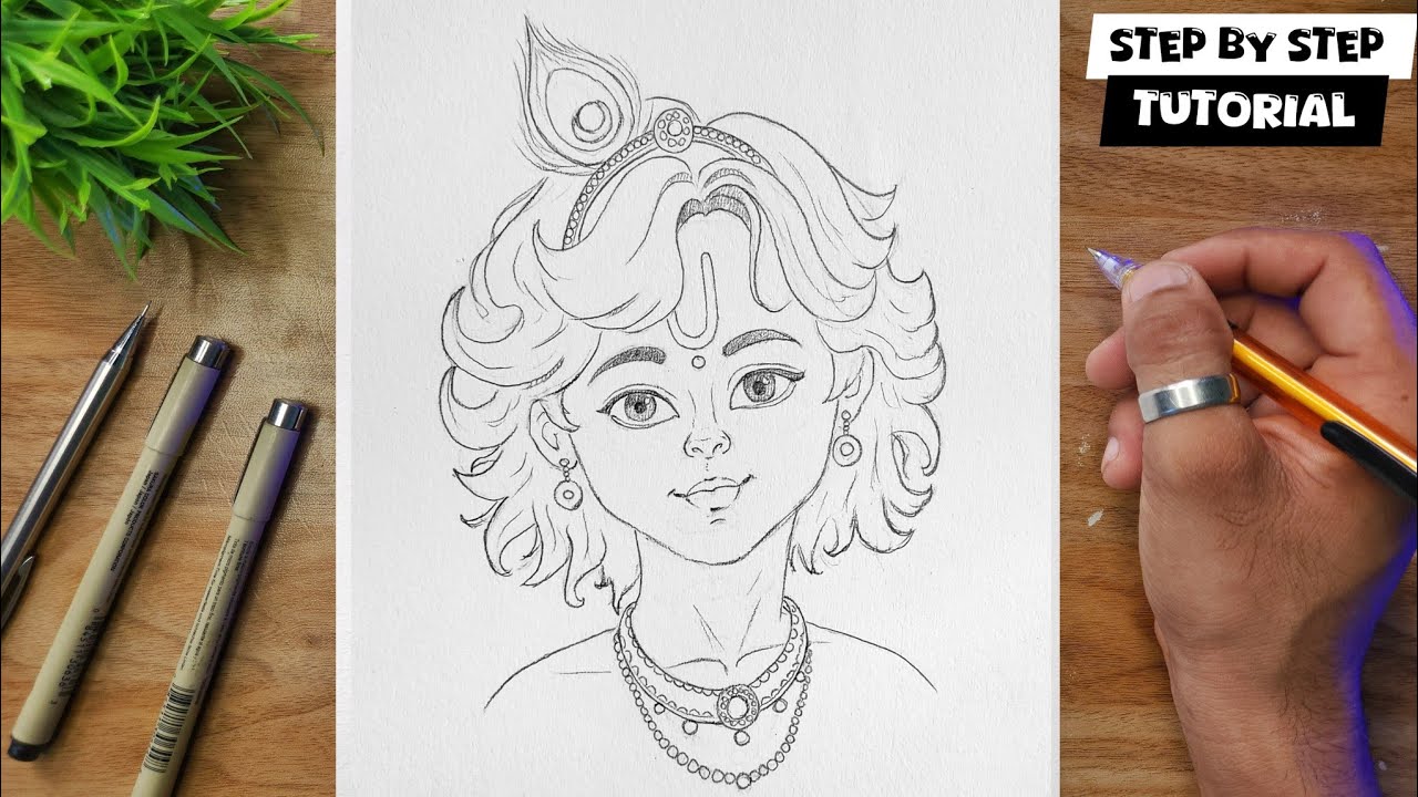EASY Cute Little Krishna Ji Face Drawing Step By Step Tutorial @AJ Arts