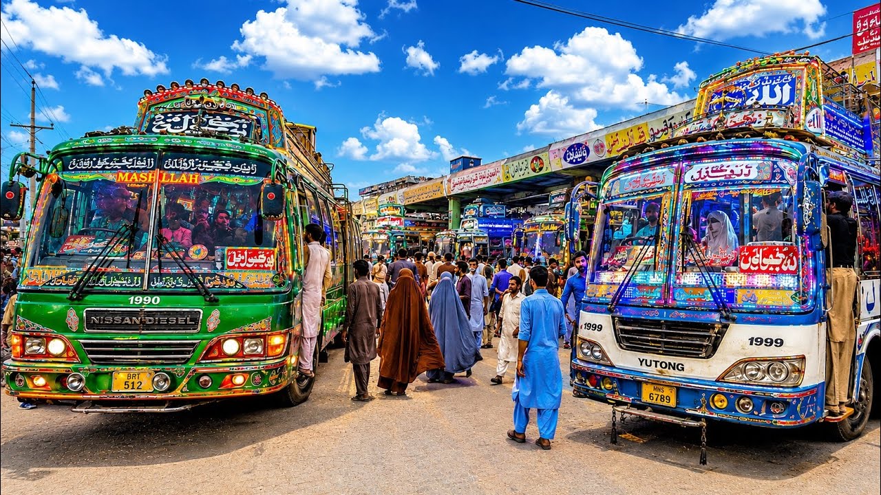  PAKISTAN: LOCAL TRANSPORT SYSTEM 🇵🇰 | LARRI ADDA | Rickshaw, Bus, Metro | 4K Walk Tour