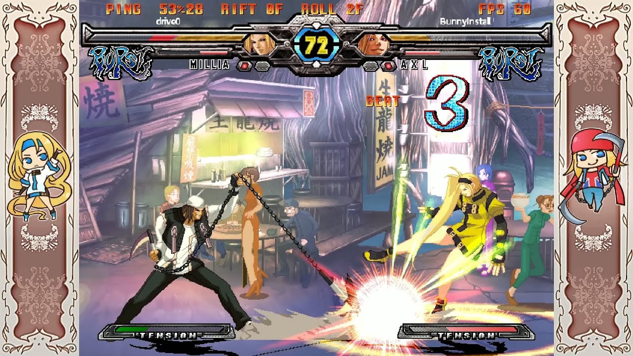 Guilty Gear XX AC+R Lobby Matches- drive0 (Millia) VS BunnyInstall (Axl)