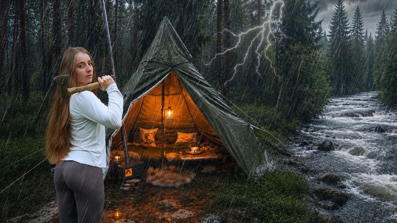 ⛈️ 35 HOURS ALONE IN A THUNDERSTORM | SOLO CAMPING, WOOD STOVE & FISHING
