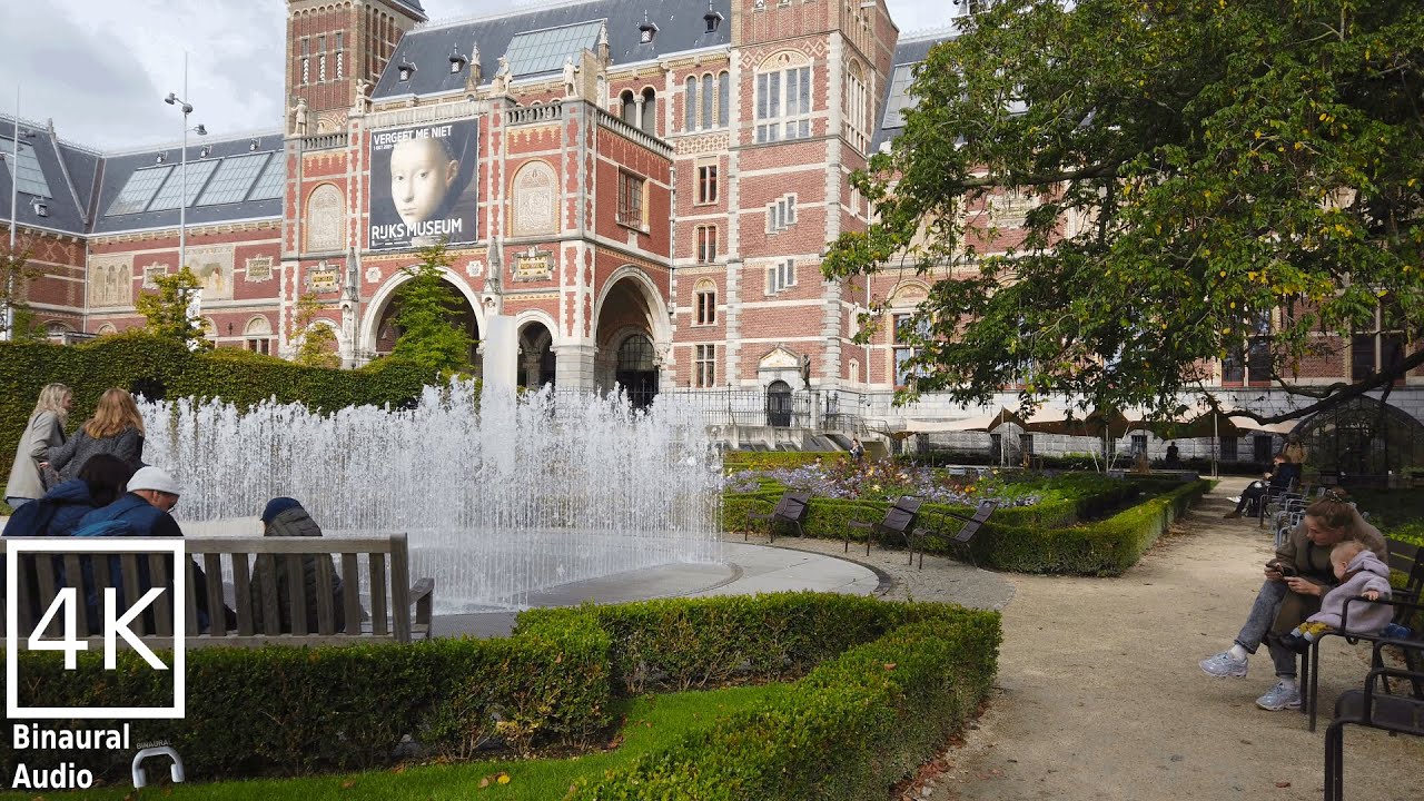 Walking in Amsterdam. From Rijksmuseum to Amsterdam Zuid. Binaural Ambience City Sounds.