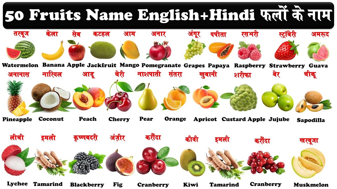 50 Fruits Name in Hindi and English | fruits name | फलों के नाम | 50 fruits | pdf ke sath |