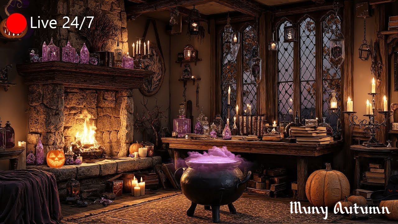 Enchanted Witch Hut Ambience 🔴 Live 24/7 | Fireplace, Cauldron Bubbles, Rain & Thunderstorm Sounds