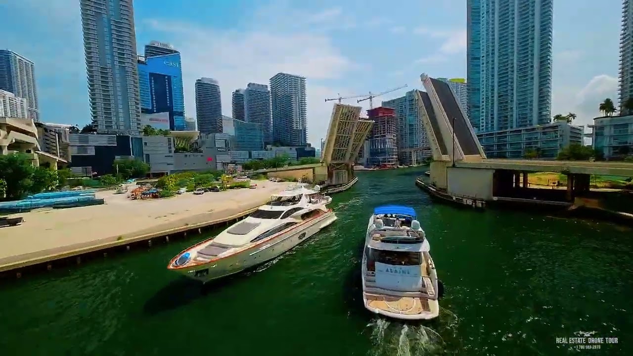 Miami River in Brickell, Florida. Fpv flight.
