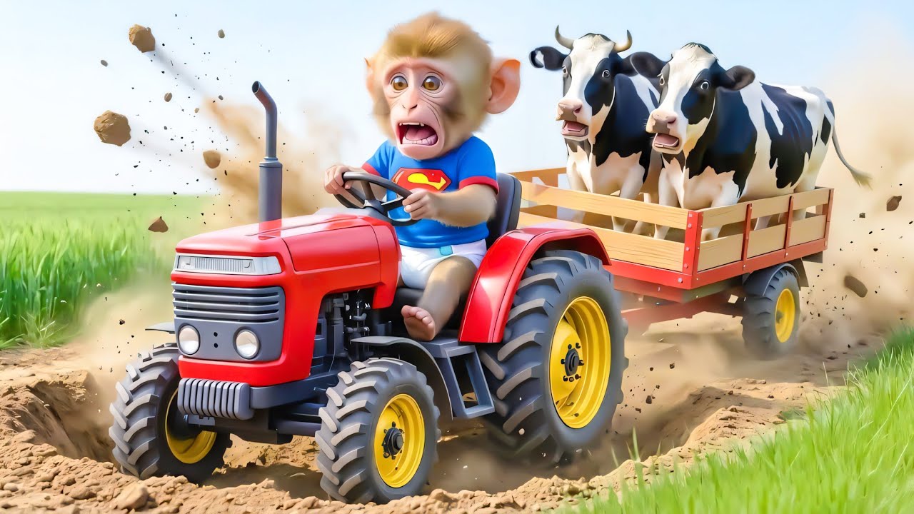 Monkey Farmer Drives a Tractor to Rescue a Little Dairy Cow from a Deep Hole - Monkey Farm Work