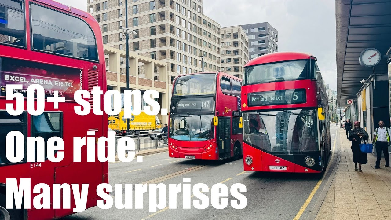 London Bus Route 5 Ridethrough – Romford to Canning Town | From market stalls to riverside views…