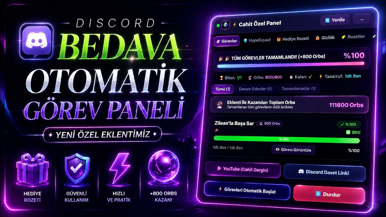 Discord BEDAVA Otomatik G&ouml;rev Paneli & Rozet Alma &bull; &Ouml;zel Eklentimiz! (PC + Mobil)