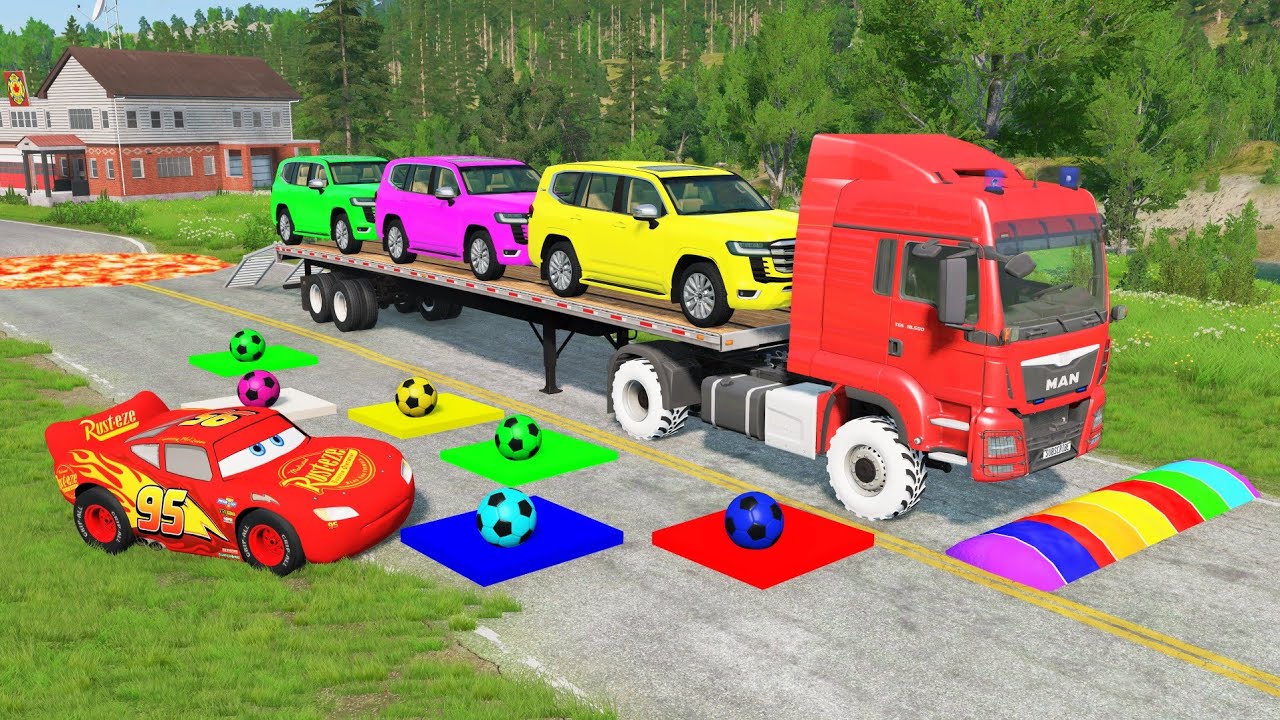 Flatbed Truck McQueen | Transportation with Truck - Pothole vs Car #65 | BeamNG.Drive Gameplay