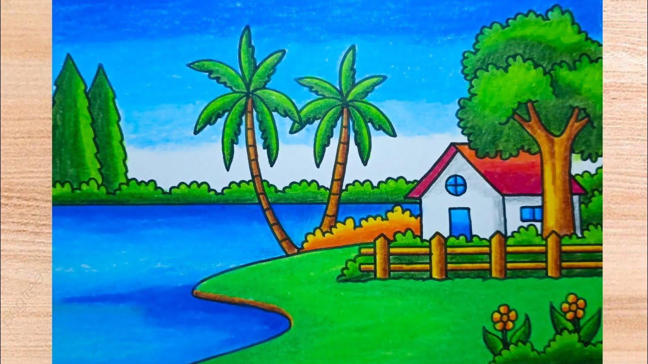 Easy Village Scenery Drawing | Very Easy Scenery Drawing of Houses, Lakes, and Coconut Trees