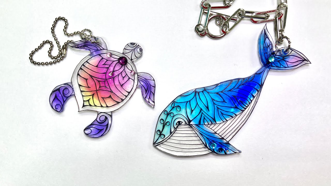 【UVレジン　プラ板　100均】ウミガメとクジラのバッグチャーム作ってみました🐋🐢 UV resin Sea turtle and whale back charm