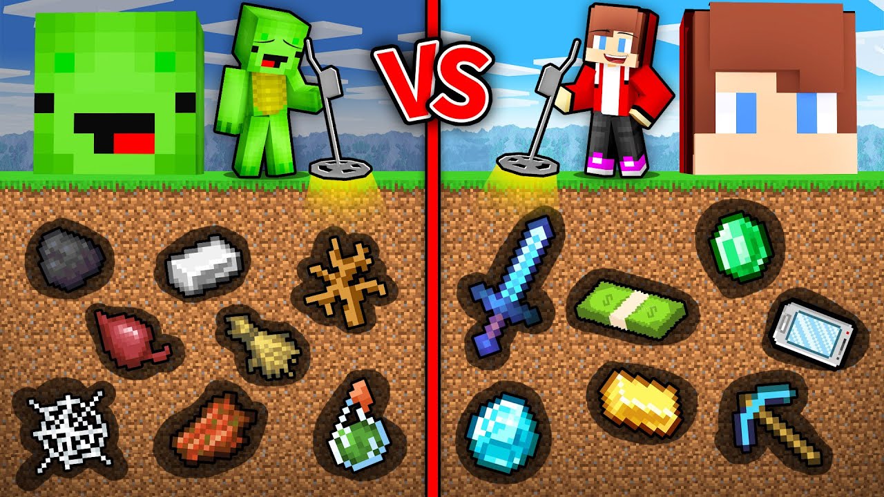 JJ and Mikey : POOR vs RICH Metal DETECTOR Mine Battle in Minecraft ! (Maizen)