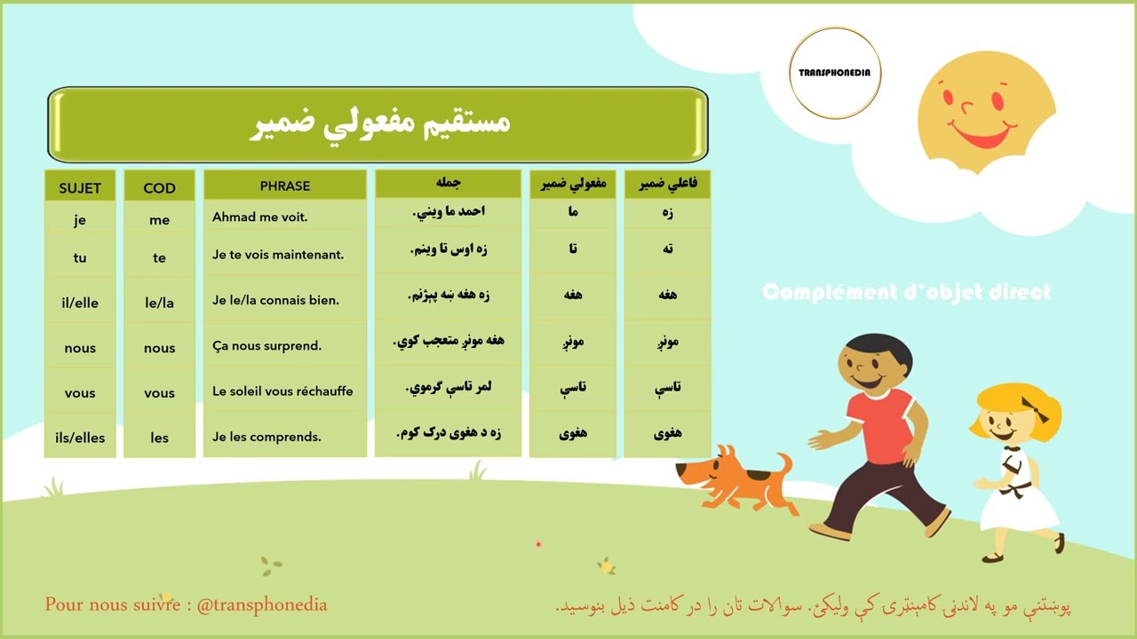 Le&ccedil;on 4 : COD (Compl&eacute;ment d'objet direct) | د ضمیر څلورم لوست : مستقیم مفعولي ضمیر
