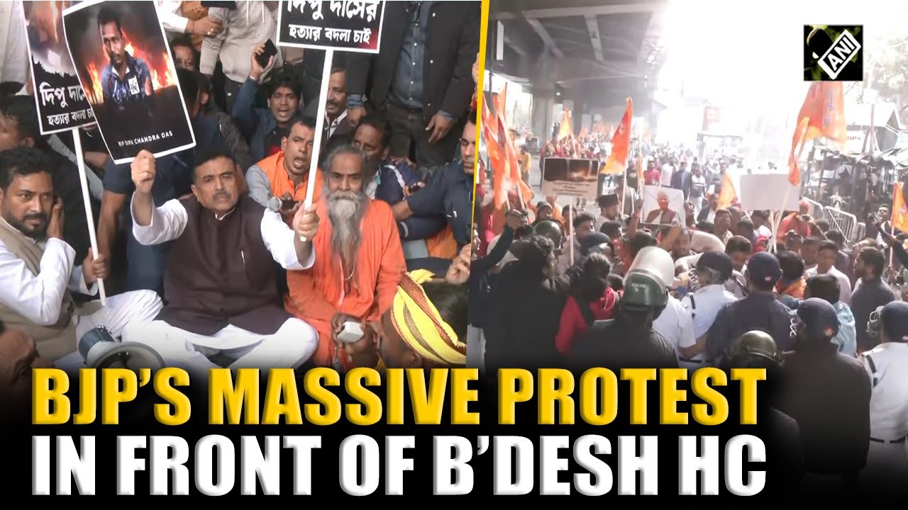 BJP&rsquo;s Suvendu Adhikari leads massive protest in front of Deputy Bangladesh HC in Kolkata