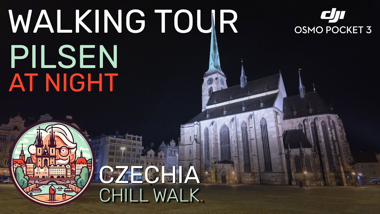 Walking Tour in PILSEN - Czechia at night 02/2024 | JAZZ background music | DJI Osmo Pocket 3