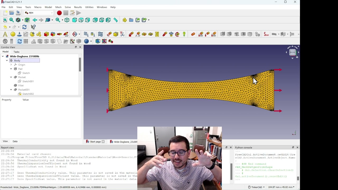 Моделирование напряжений в простой растягиваемой конструкции в FreeCAD с использованием CalculiX.