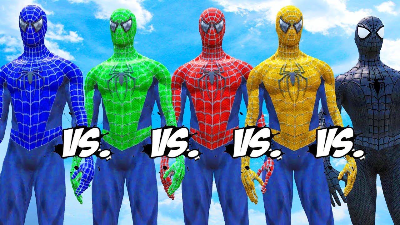 Spider-Man vs Blue Spiderman vs Yellow Spiderman vs Green Spiderman vs Black Spiderman