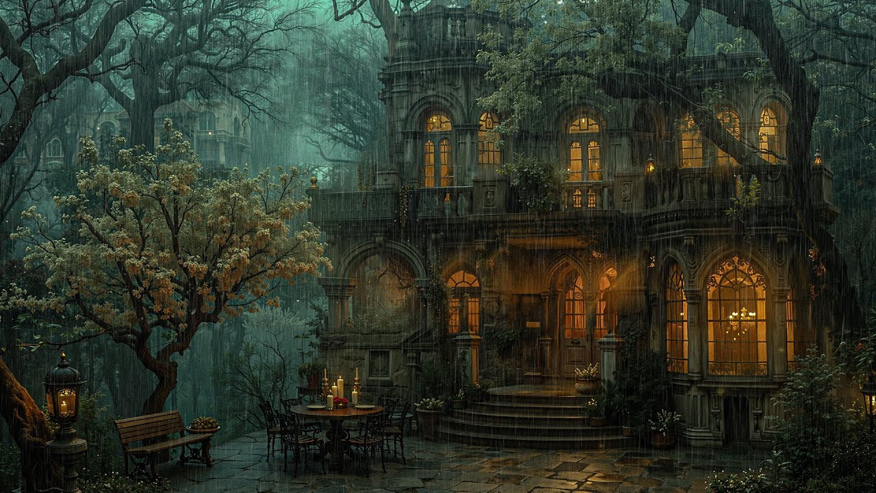 Dark Academia Victorian Manor Garden with Gentle Rain | Sad Piano & Violin for Read, Study