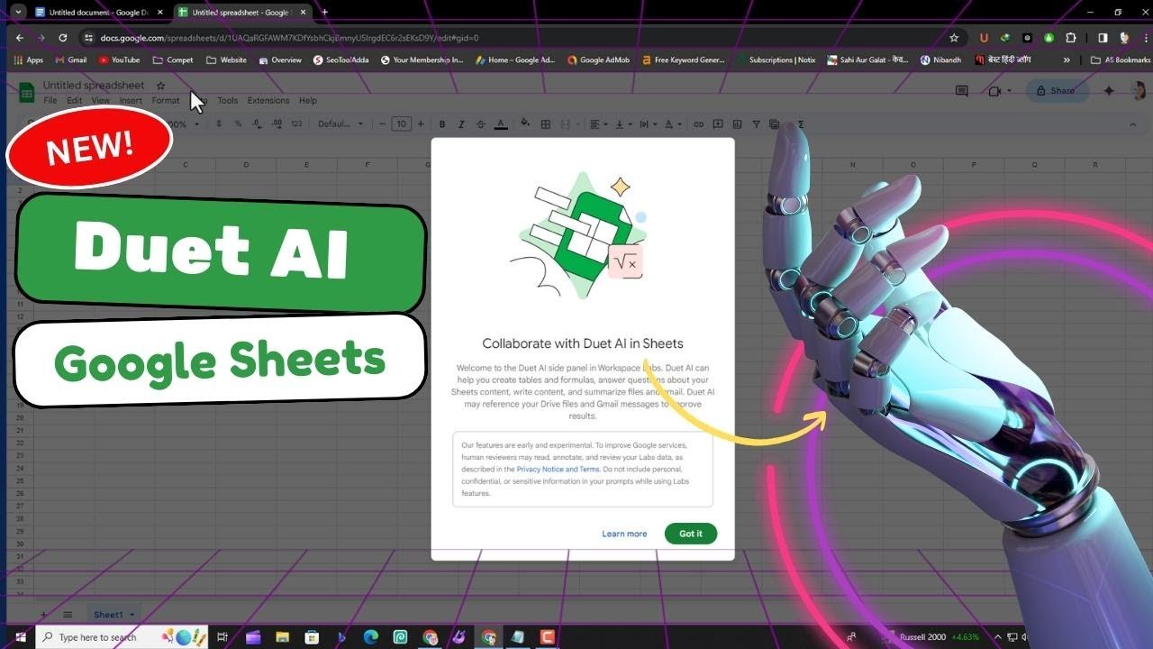 Google sheets Duet Ai Features | Google Sheets Tutorial in Hindi | Activate google duet ai in sheets