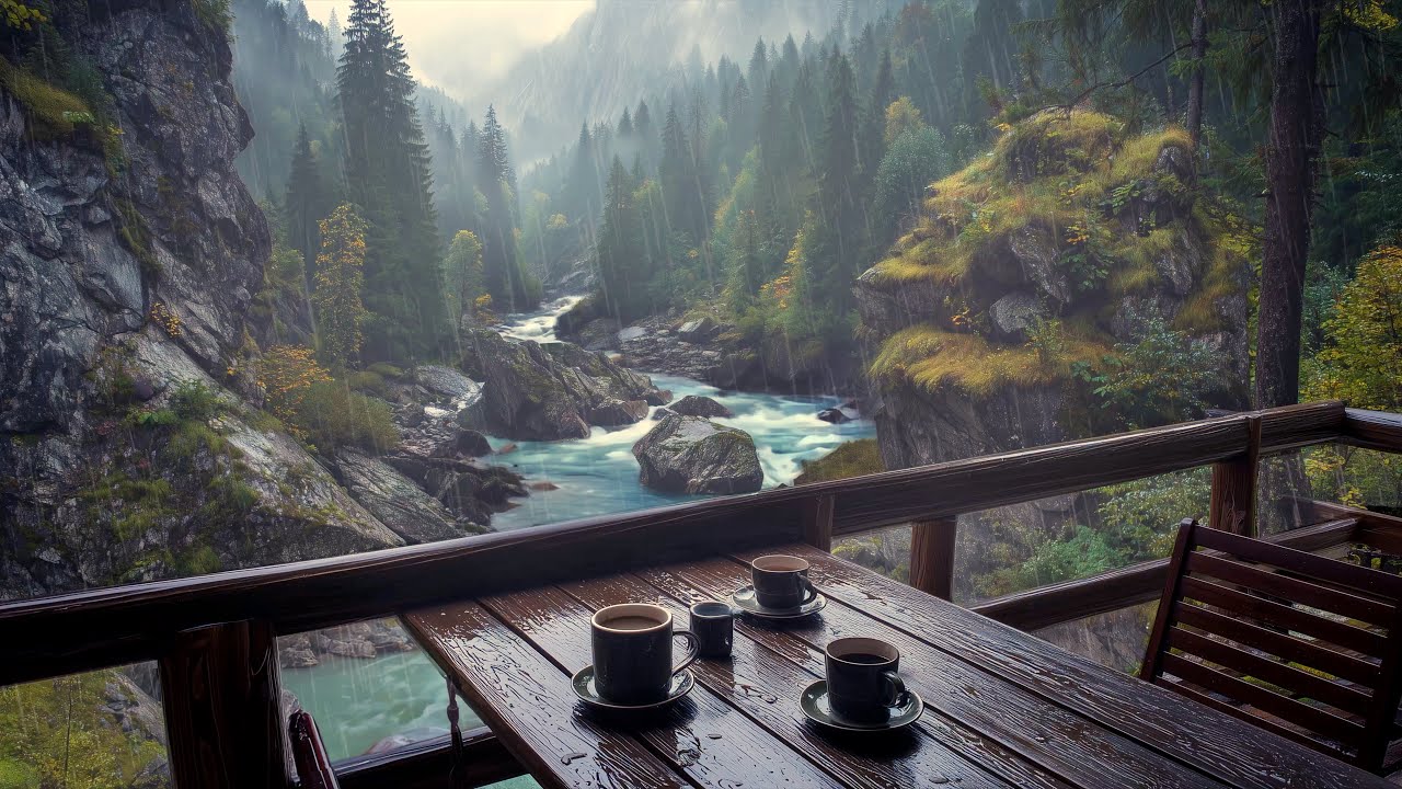Rain in the Woods  8 Hour Cozy Cabin Ambience with River & Nature Sounds