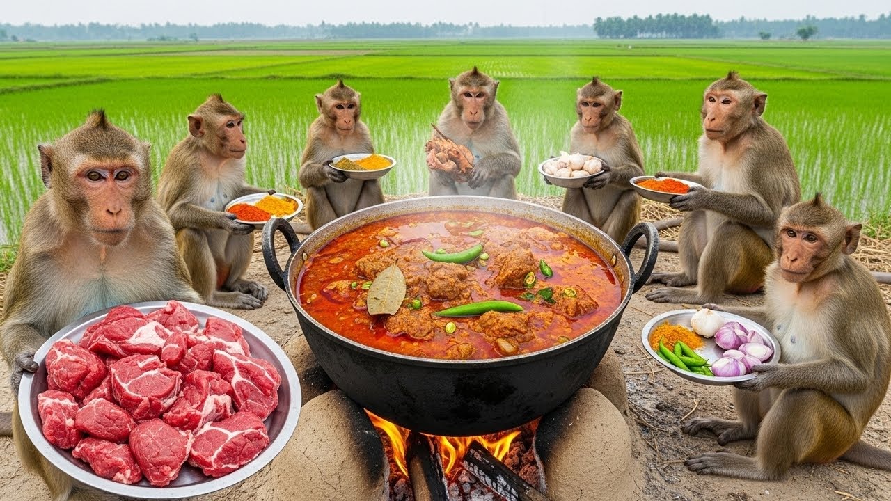 🐒 Monkeys Cooked Giant Meat Curry Pot  Jungle Village Style 🍲😱🔥