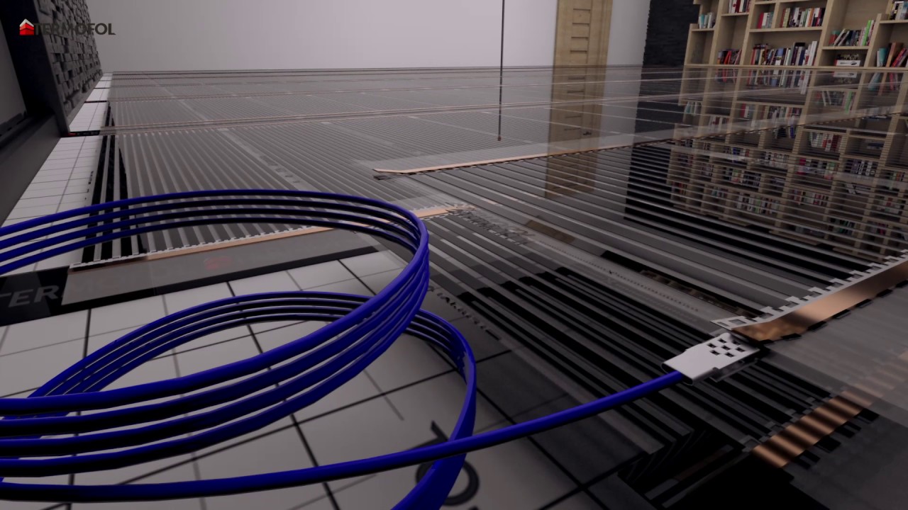 OPPVARMING TERMOFOL Visualisering installasjon av varmefolie under parkett og gulvbordet.