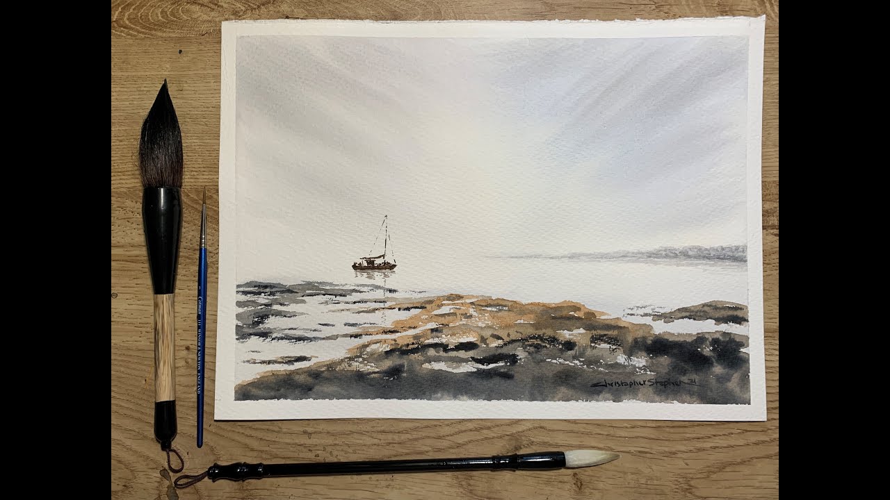 Watercolour for beginners, Seascape with Chinese calligraphy brushes