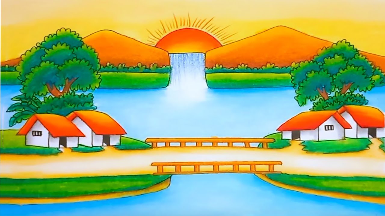 How to Draw a Beautiful Village Landscape | Mountain Lake & Waterfall Drawing Easy