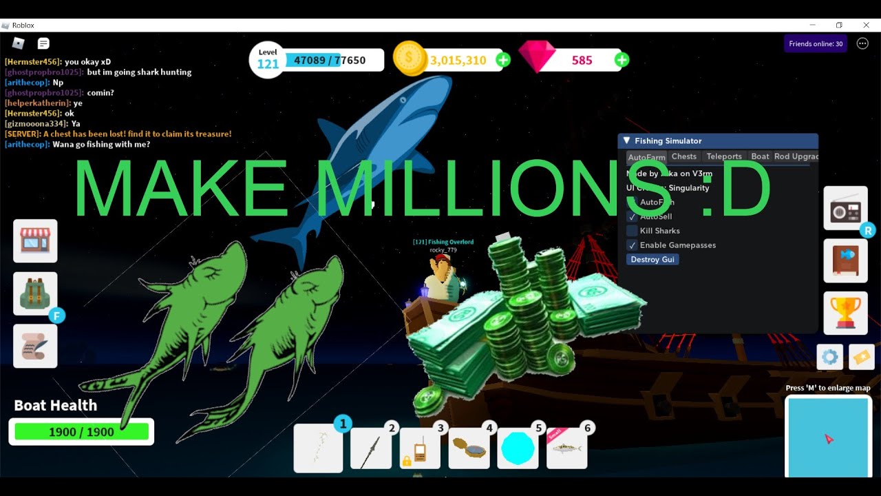 *WORKING* OP Fishing Simulator script (All gamepasses, Auto kill sharks, auto sell, auto fish!)