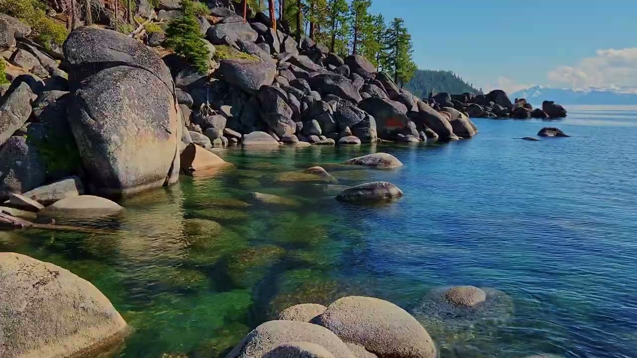 Tranquil Tahoe Waterfront | Relaxing Waves Against Rocky Shores