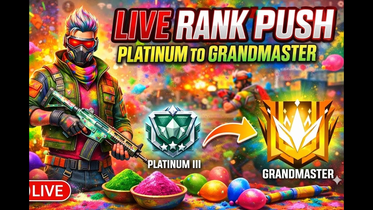 Holi Special Free Fire Rank Push Platinum to Grand master🔥||Free Fire #livestream #live #FreeFire