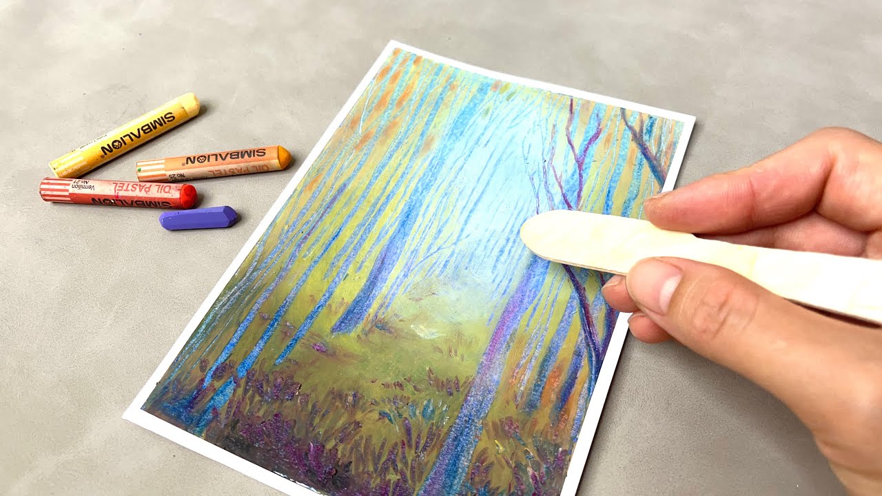 冰棒棍畫出一片樹林｜高級感粉臘筆 油粉彩 風景畫技巧