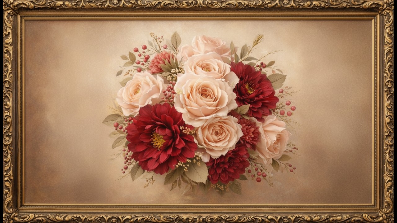 Romantic Vintage Floral Painting in 4K | Elegant Gold Frame Art Ambience