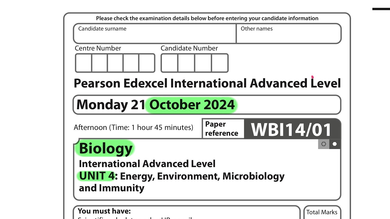 A level | Biology | Unit 4 | October 2024 | Pearson Edexcel |