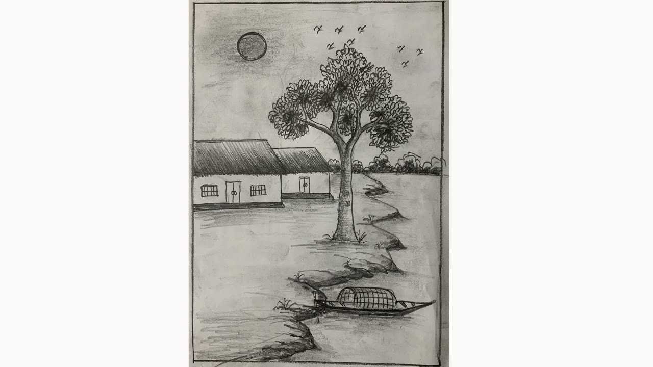 Simple Village Scenery Drawing | Easy Landscape Art for Beginners | Easy Drawing |
