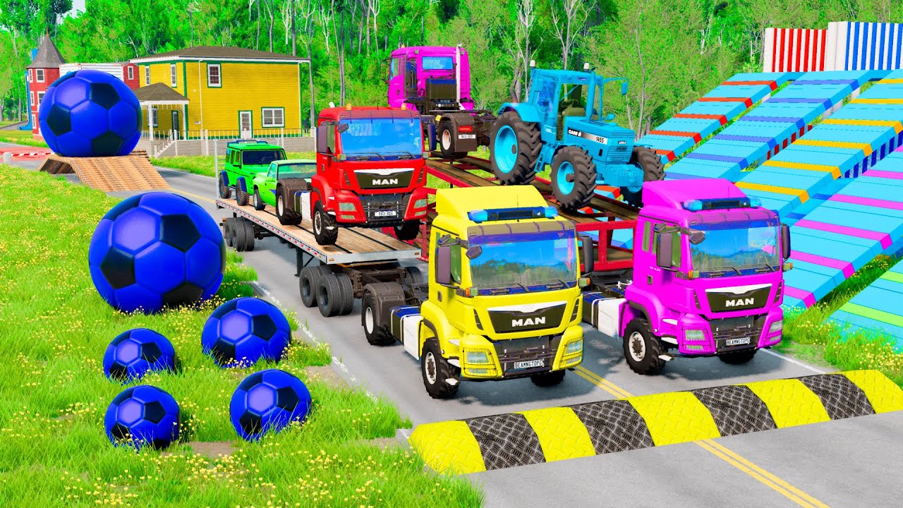 TRANSPORTING PIXAR CARS & FRUITS WITH COLORED & JOHN DEERE vs CLAAS vs TRACTORS - BeamNG.drive #983