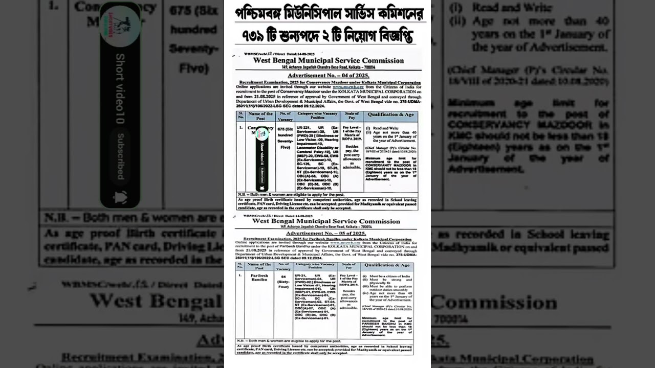 ✍️পশ্চিমবঙ্গ মিউনিসিপাল সার্ভিস কমিশনের ৭৩৯ টি শুন্যপদে ২ টি নিয়োগ বিজ্ঞপ্তি | WBMSCনিয়োগ