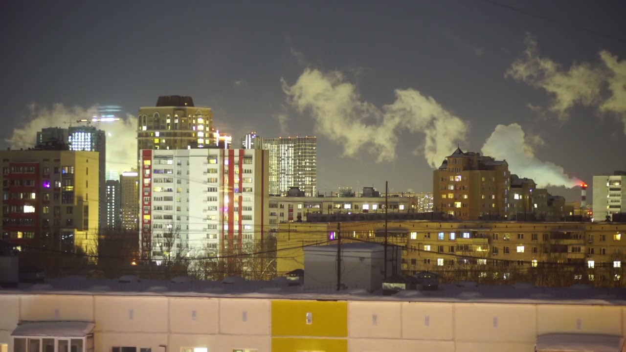 Пар котельных над крышами. Ночь. Зима. Для фона, медитации. Без музыки. Звуки города.