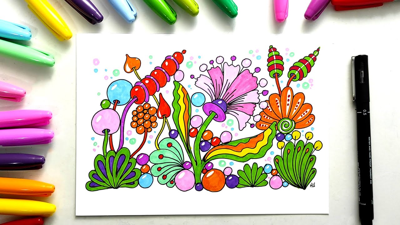 Colorful zen doodle art, zentangles patterns step by step
