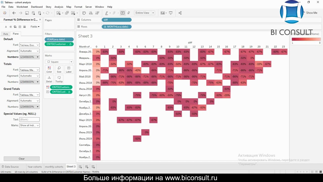 Когортный анализ в Tableau, как сделать, пример, анализ когорт