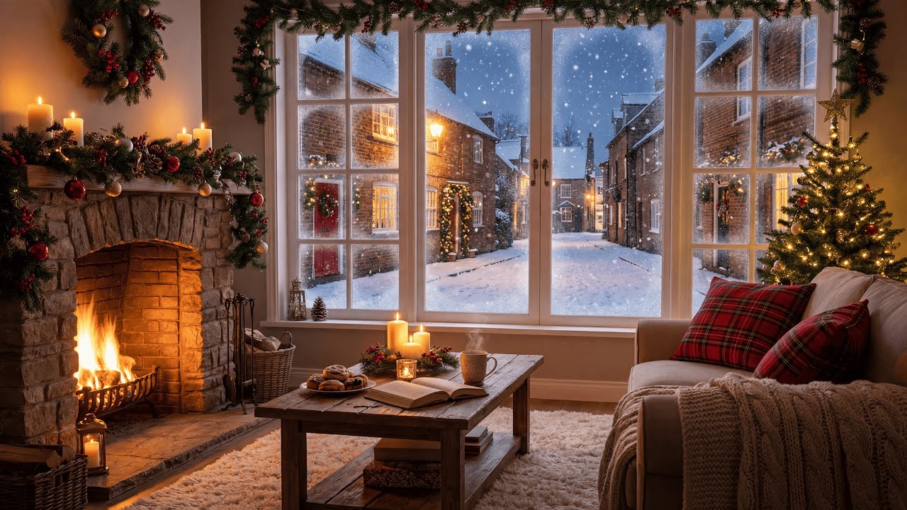Soft Piano Jazz | Cozy Fireplace ❄️ Snowy Christmas Street View